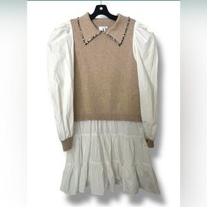 QUEEN OF SPARKLES Beige Knit Vest Layered over Ivory Puff-Sleeve Dress